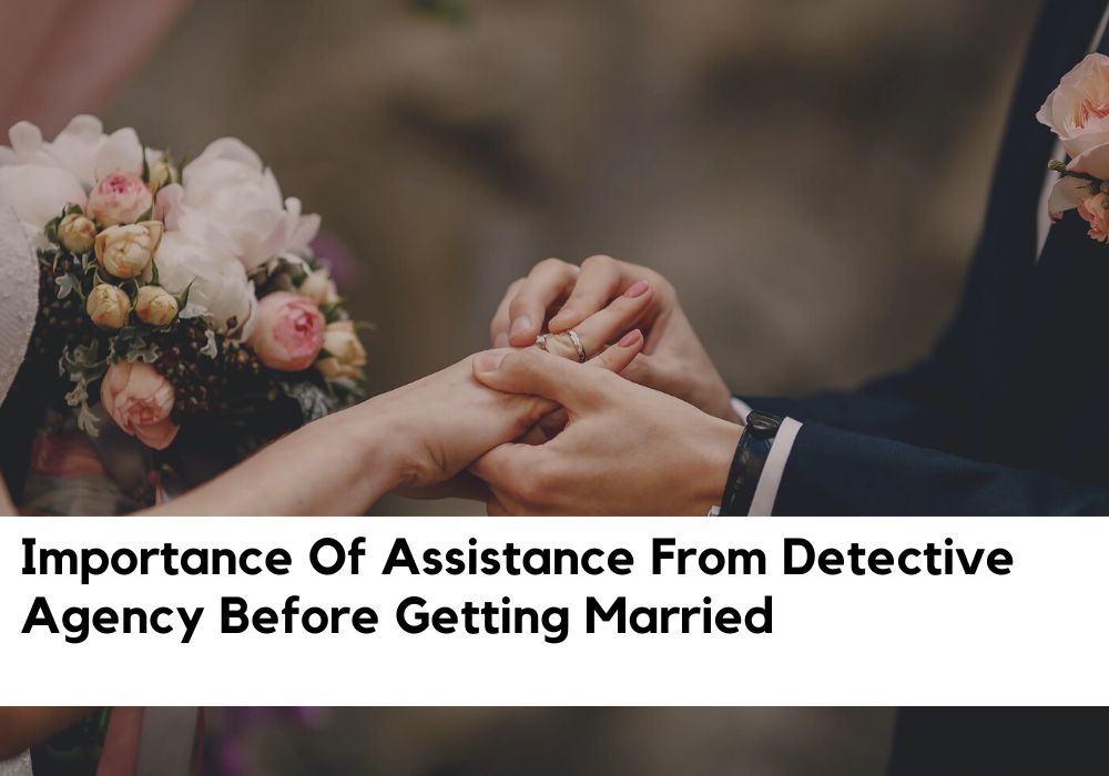A couple exchanging rings with text about detective agency importance in Pune.
