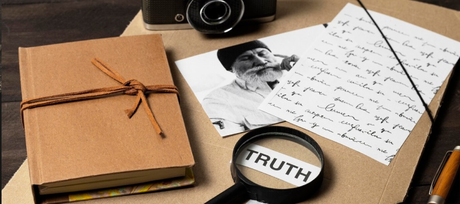 Investigation materials with a magnifying glass over the word 'TRUTH', related to Pre-Matrimonial Investigation.