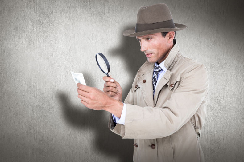 A detective-styled man from Pune detective agency, wearing a hat and trench coat, examines a document with a magnifying glass against a textured grey background.