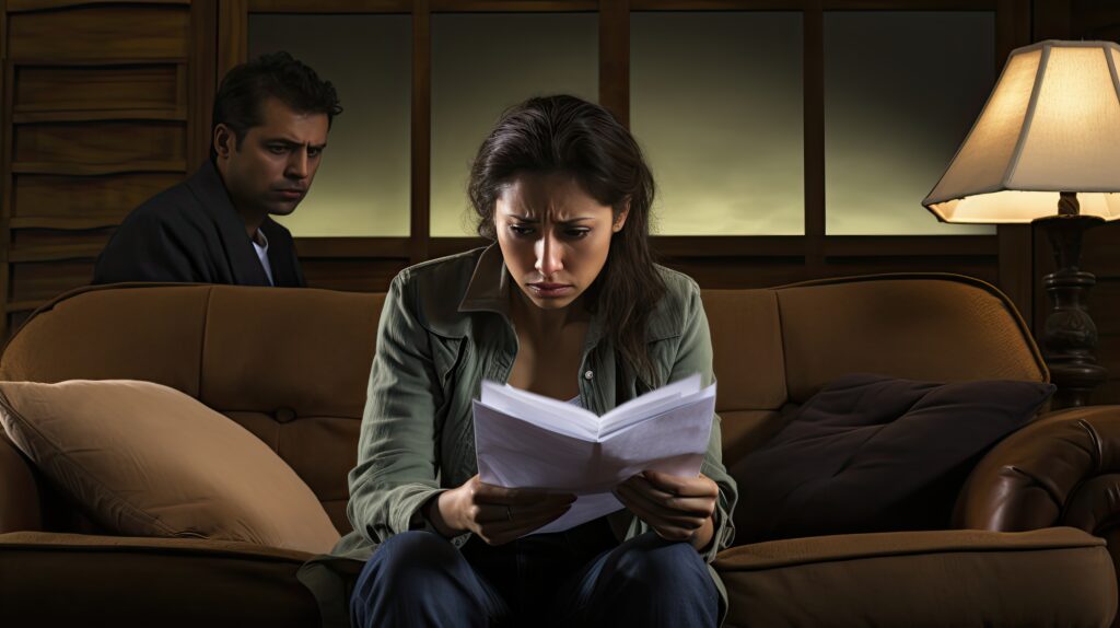 A tense moment in a dimly lit room where a woman, deeply engrossed and seemingly troubled by the truth behind suspicious actions she's reading, is unaware of the concerned man watching her that is hinting at a Post Matrimonial Investigation in Pune.